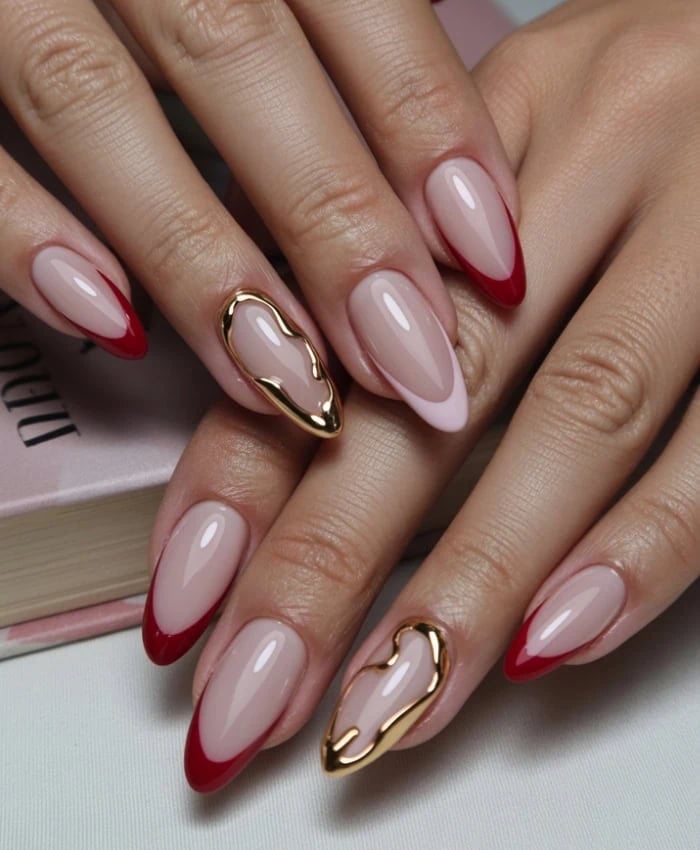 Red French Gold Abstract Medium Almond Nails Red French Gold Abstract Medium Almond Nails — Trendy Red Almond Nails