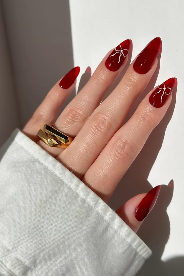 Dark Red White Bow Dots Medium Almond Nails Dark Red White Bow Dots Medium Almond Nails — Trendy Red Almond Nails