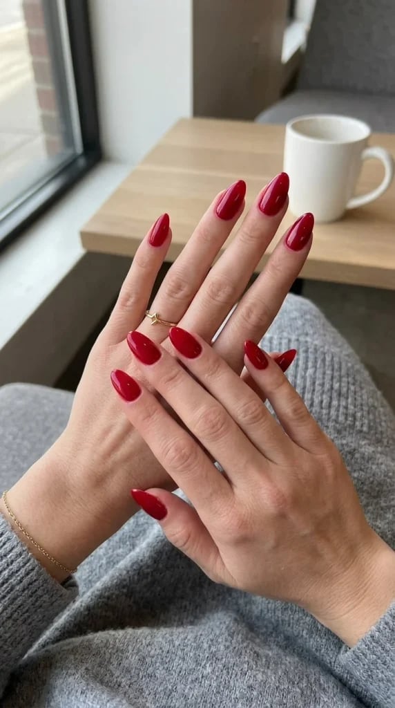 Dark Red Gold Bow Snowflake Medium Almond Nails Dark Red Gold Bow Snowflake Medium Almond Nails — Trendy Red Almond Nails