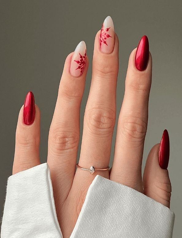 Red Snowflake Glossy Long Almond Nails Red Snowflake Glossy Long Almond Nails — Trendy Red Almond Nails