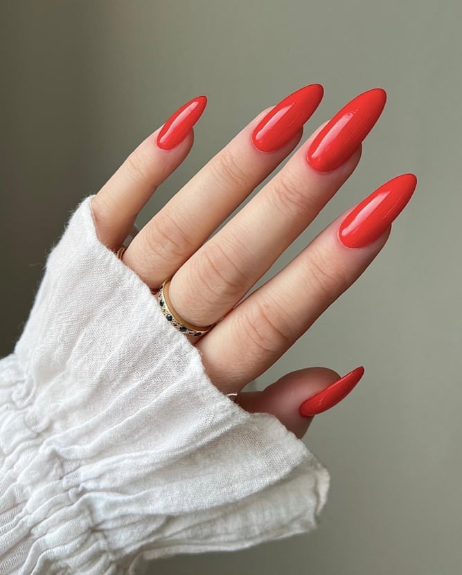Bright Glossy Long Almond Nails Bright Glossy Long Almond Nails — Trendy Red Almond Nails