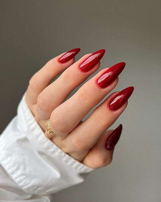 Vibrant Glossy Long Almond Nails Vibrant Glossy Long Almond Nails — Trendy Red Almond Nails