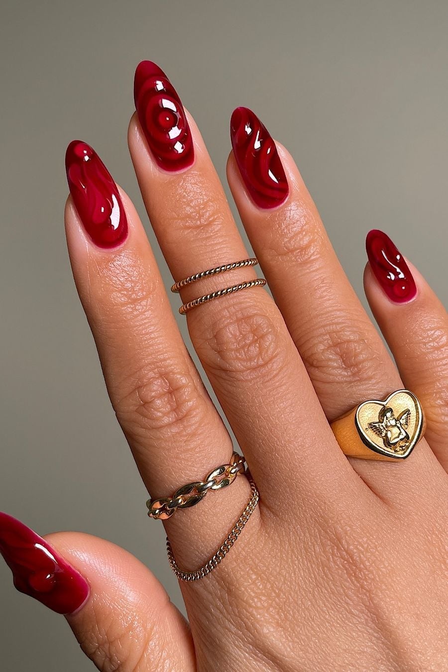 Deep Red Jelly Swirls Long Almond Nails Deep Red Jelly Swirls Long Almond Nails — Trendy Red Almond Nails