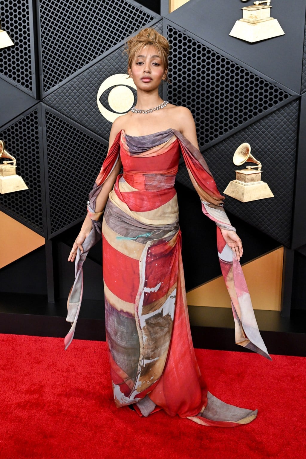 Abstract Print Gown with Draped Column Silhouette — Trendy Red Carpet Outfits