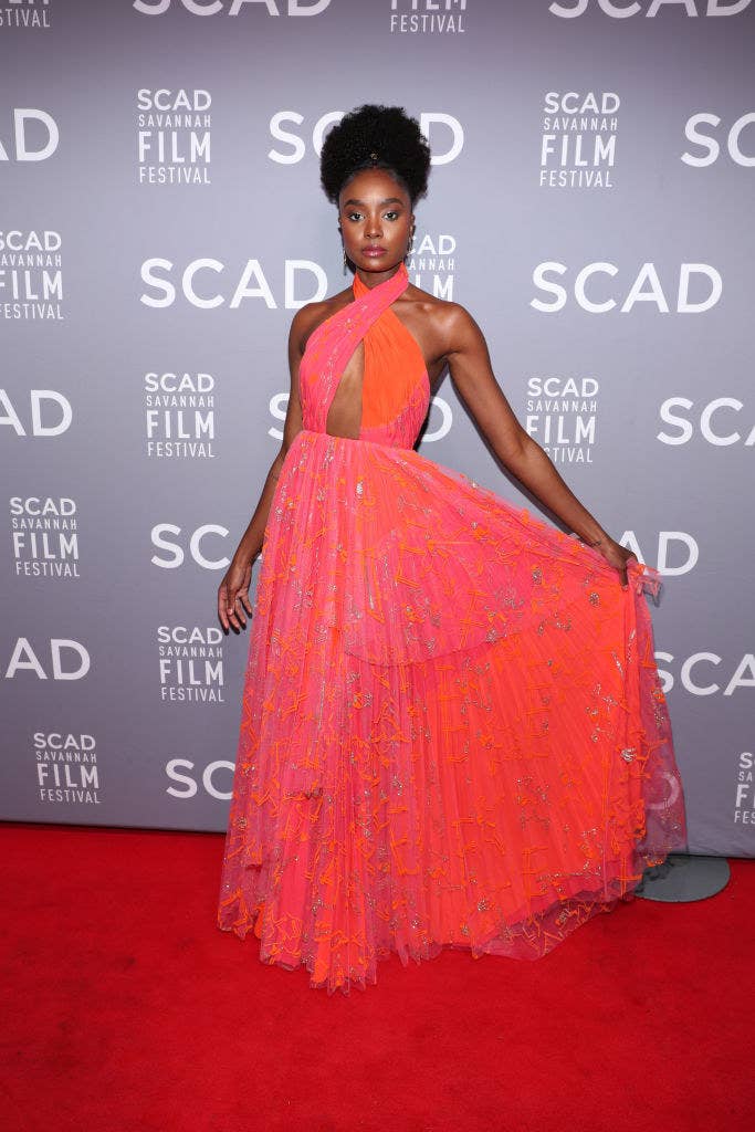 Orange and Pink Halterneck Gown with Embroidered Tulle Skirt — Trendy Red Carpet Outfits