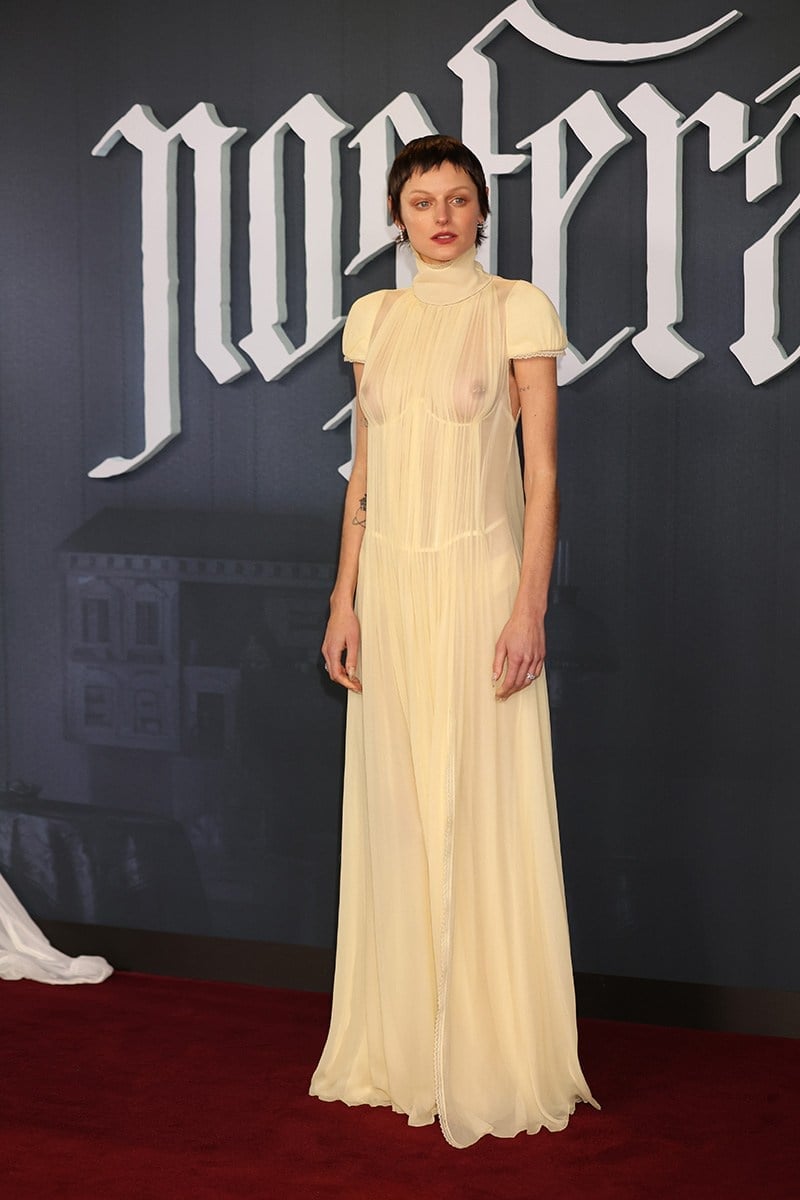 Pale Yellow Sheer Gown with Delicate Trim — Trendy Red Carpet Outfits