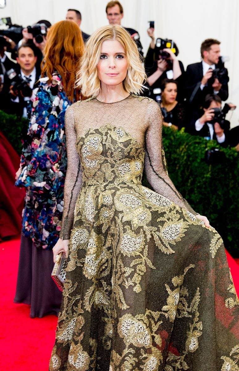 Black A-Line Gown with Gold Brocade and Sheer Sleeves — Trendy Red Carpet Outfits