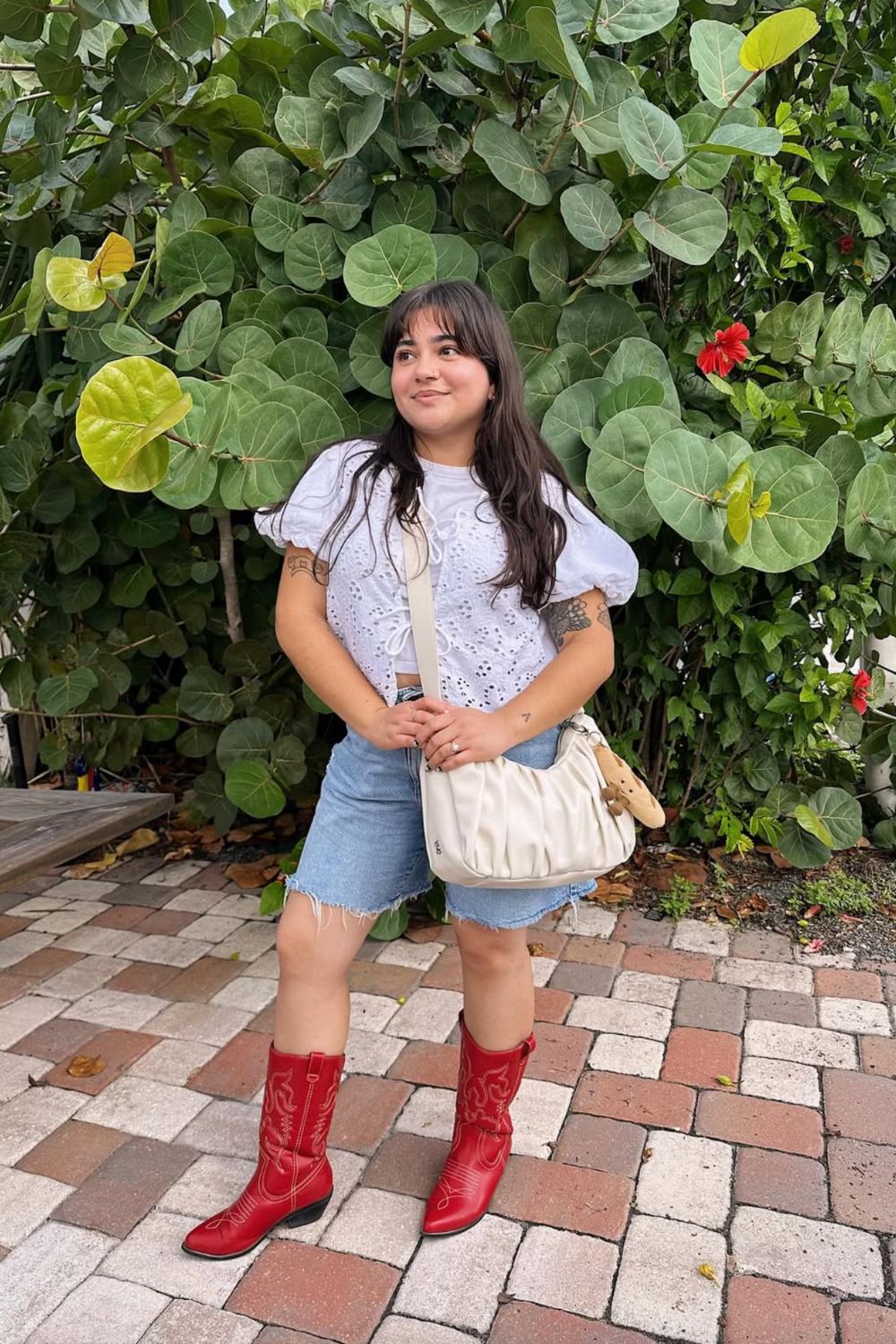 Red Cowboy Boots With Eyelet Top and Distressed Denim — Trendy Red Cowboy Boots Outfit