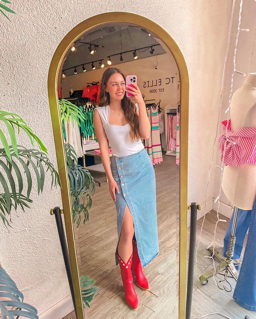 Red Cowboy Boots With Maxi Skirt and Sleeveless Top — Trendy Red Cowboy Boots Outfit