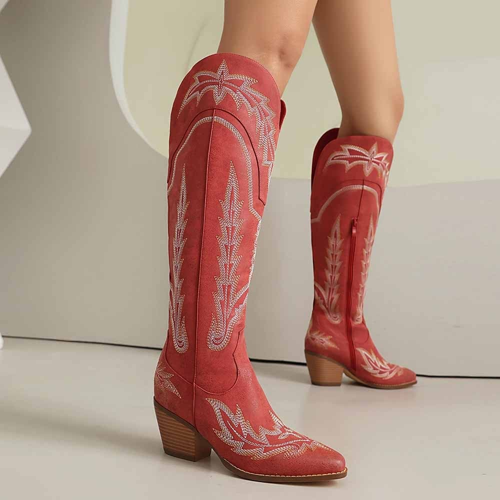Red Suede Cowboy Boots With White Embroidery — Trendy Red Cowboy Boots Outfit
