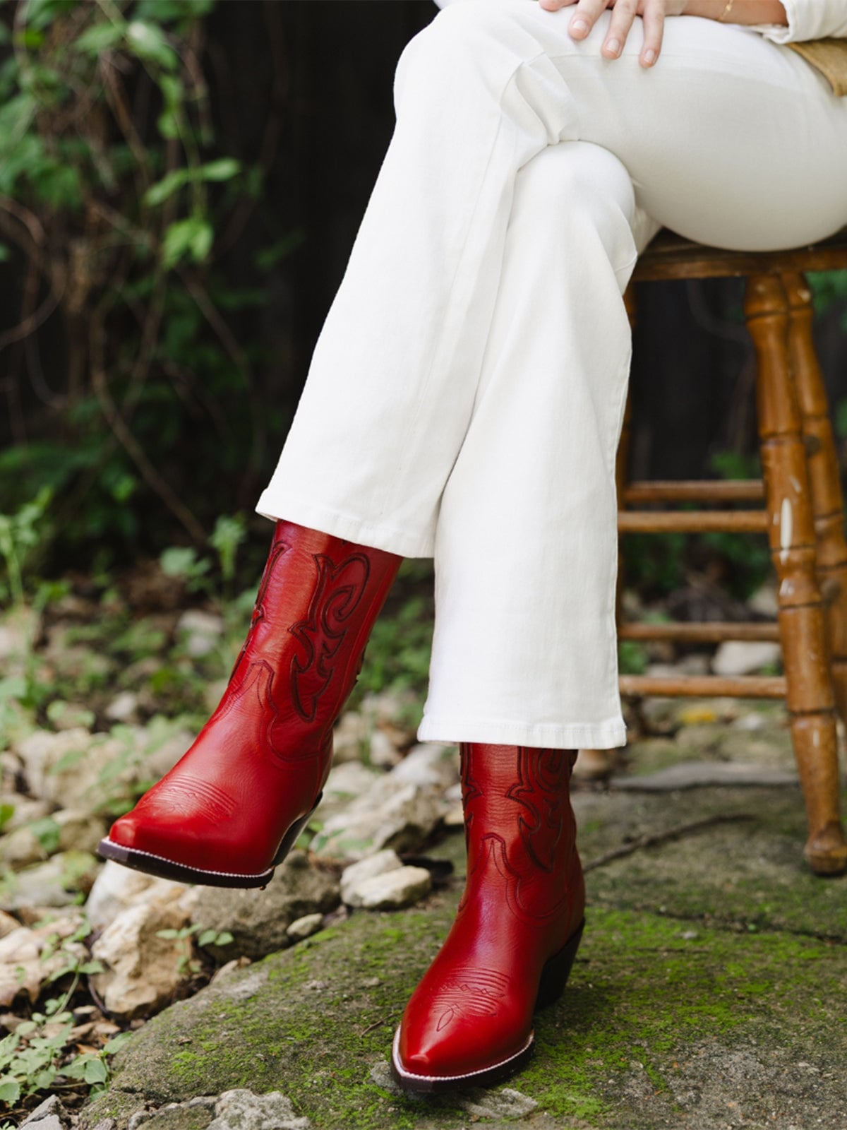 Red Cowboy Boots With White Wide-Leg Pants — Trendy Red Cowboy Boots Outfit