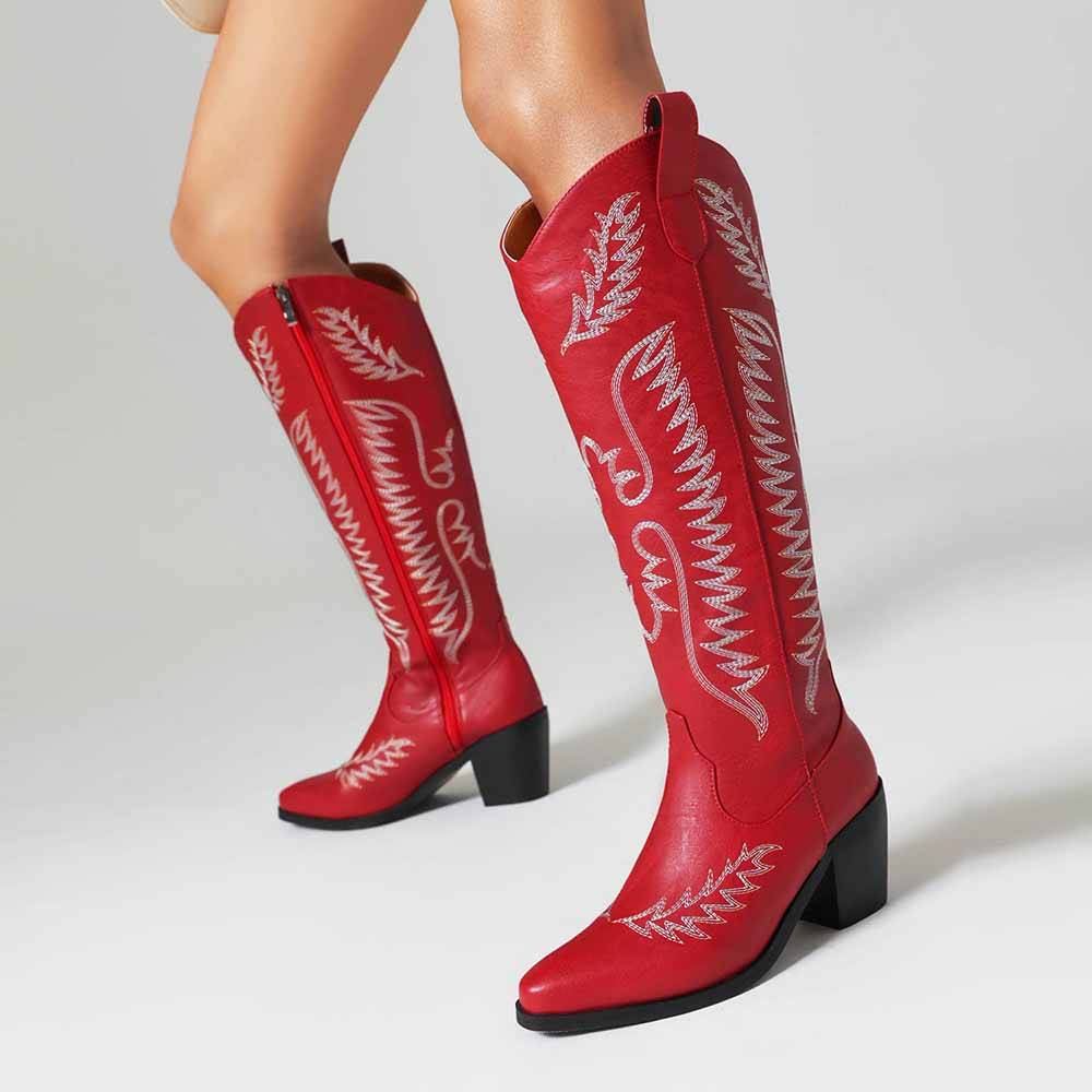 Red Leather Cowboy Boots With Knee-High Shaft — Trendy Red Cowboy Boots Outfit