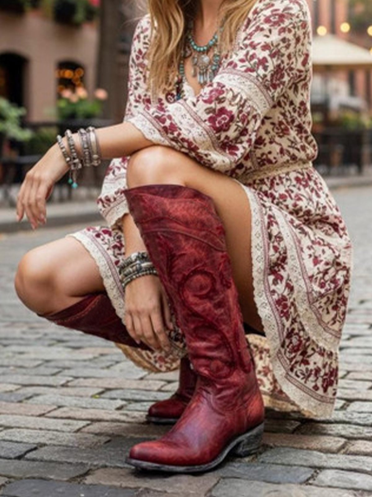 Embossed Red Cowboy Boots With Floral Dress — Trendy Red Cowboy Boots Outfit