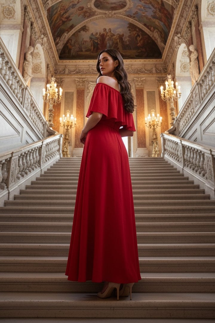 Red Off-Shoulder Maxi Dress with Tie Waist — Trendy Red Dresses Outfits