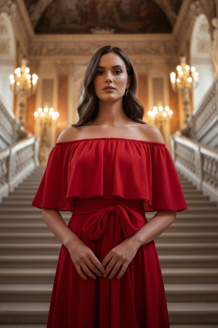 Red Off-Shoulder Maxi Dress with Tie Waist and Flowing Skirt, Crepe — Trendy Red Dresses Outfits