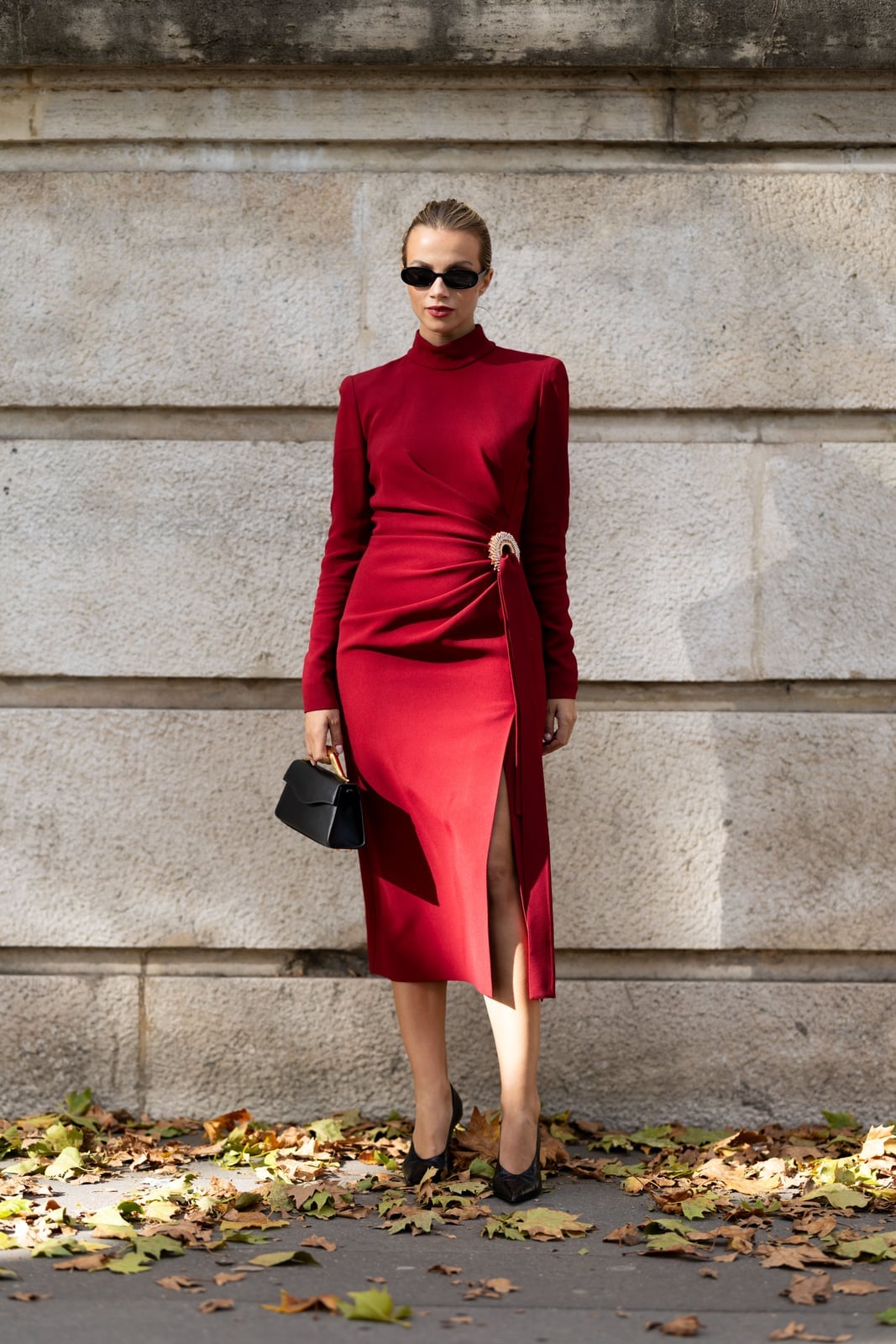 Fitted Red Midi Dress with Mock Neck and High Slit — Trendy Red Dresses Outfits