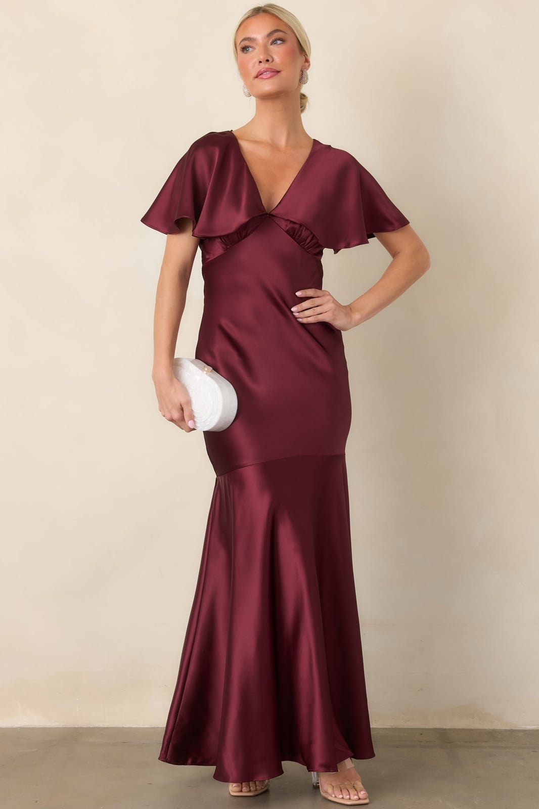 Burgundy Satin Maxi Dress with Mermaid Silhouette and Cowl Neck — Trendy Red Dresses Outfits