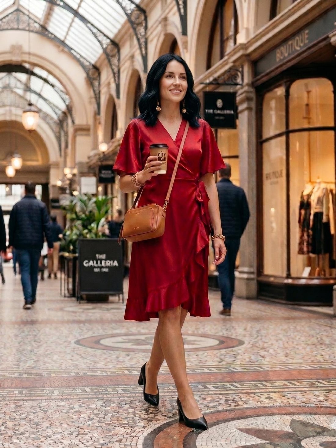 Deep Red Satin Wrap Dress with Ruffled Hem — Trendy Red Dresses Outfits
