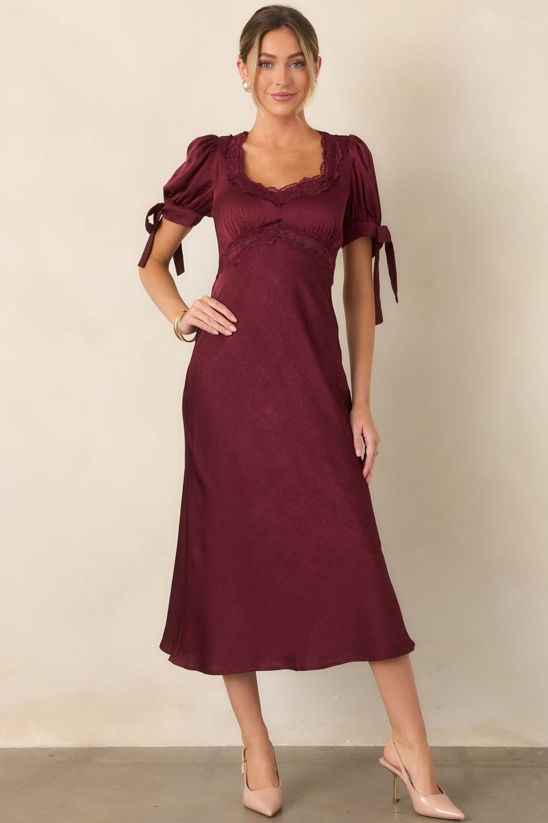 Burgundy Red Midi Dress with Lace Trim and Puff Sleeves — Trendy Red Dresses Outfits