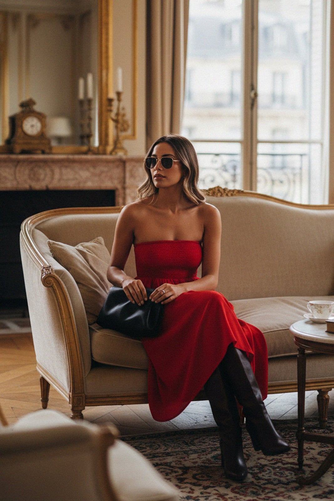 Red Strapless Midi Dress with Smocked Bodice and Boots — Trendy Red Dresses Outfits