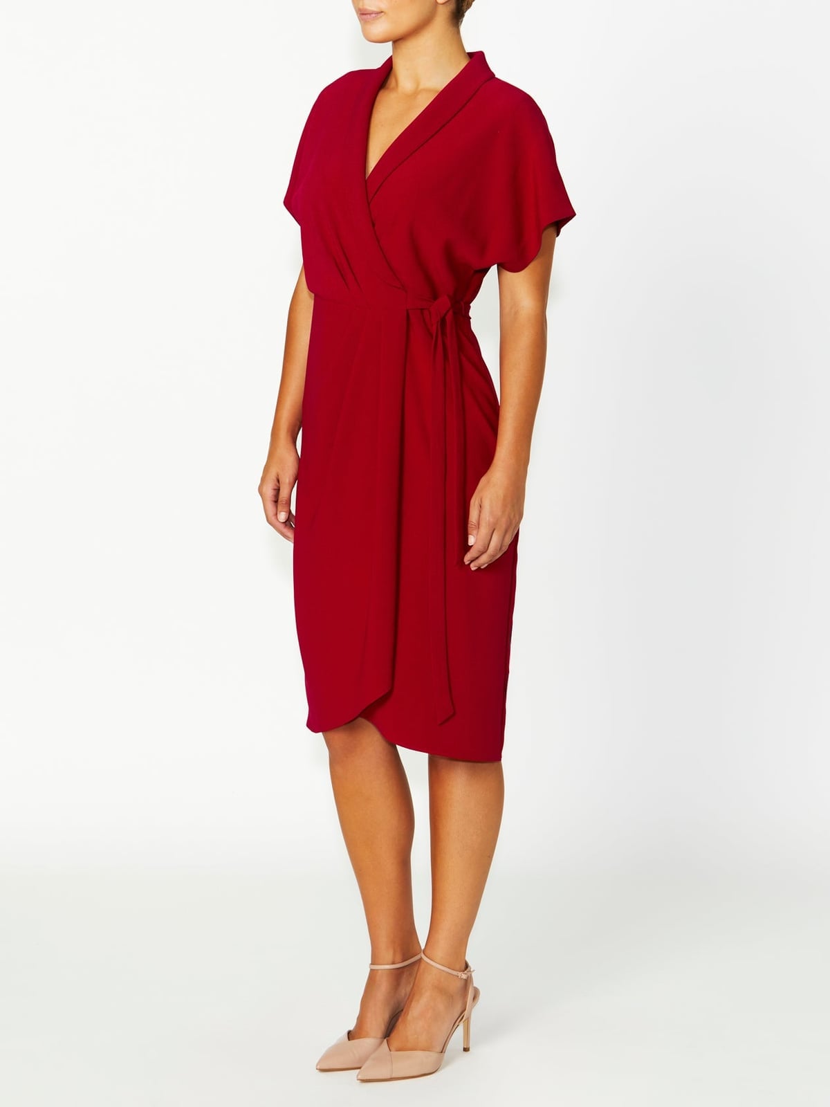Red Crepe Wrap Dress with Self-Tie Belt — Trendy Red Dresses Outfits