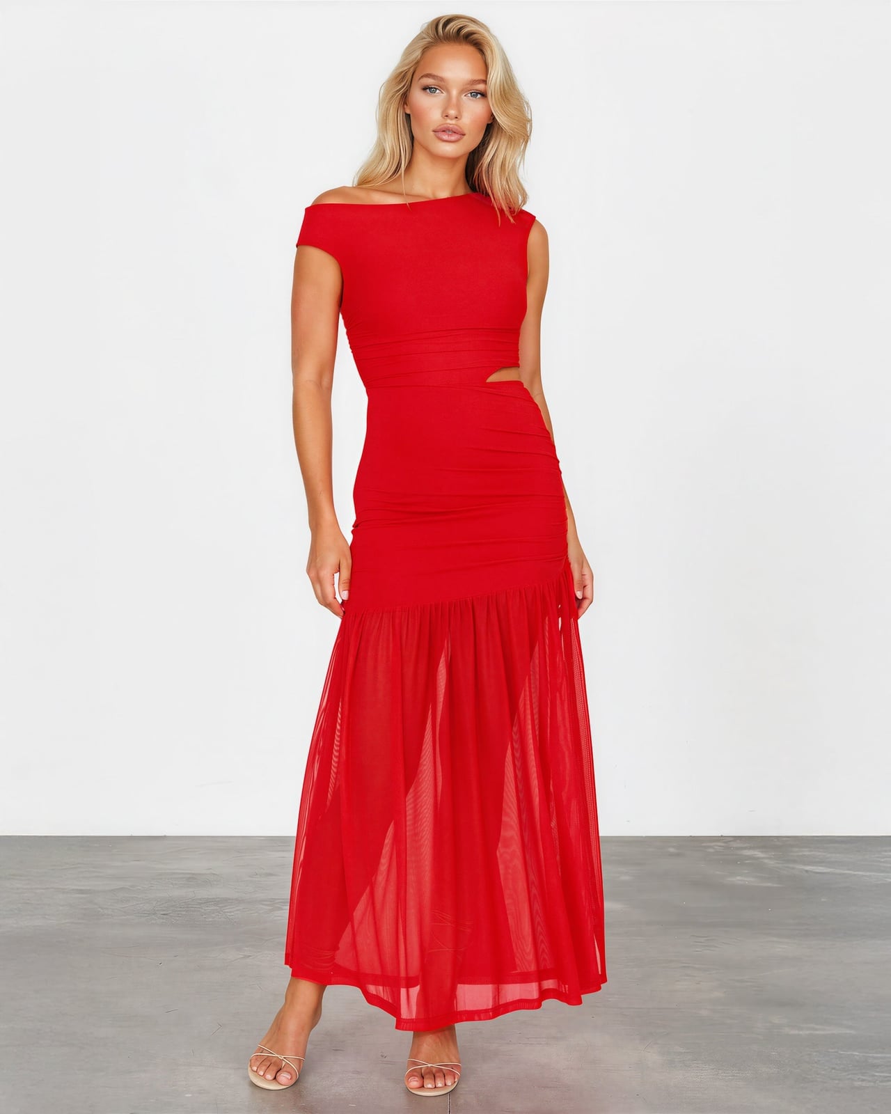 Red Maxi Dress with Off-The-Shoulder Sleeves and Waist Cutout, Fitted — Trendy Red Dresses Outfits