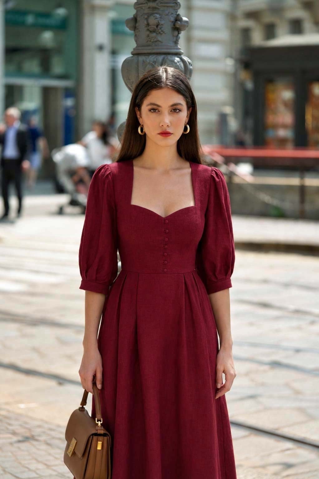 Burgundy Midi Dress with Sweetheart Neckline and Voluminous Sleeves — Trendy Red Dresses Outfits