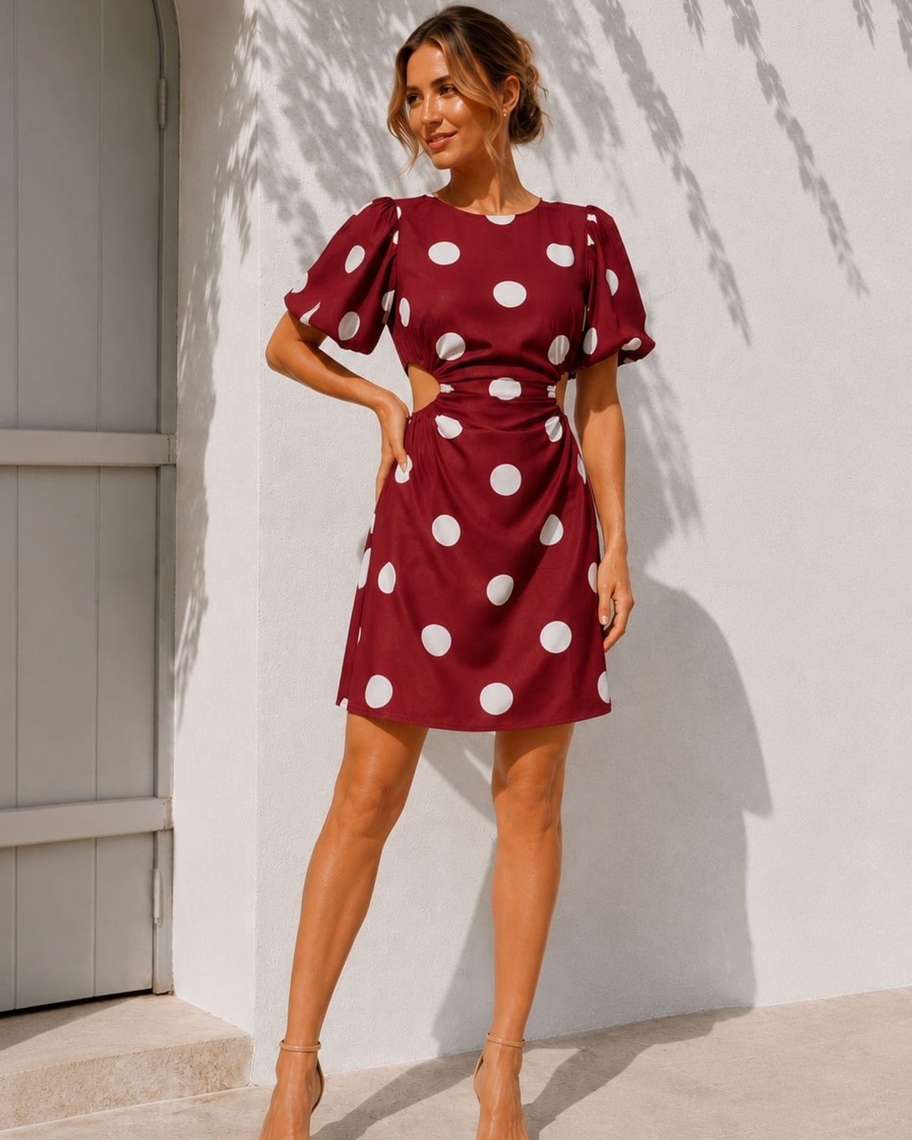 Red Polka Dot Mini Dress with Puff Sleeves and Cut-Outs — Trendy Red Dresses Outfits