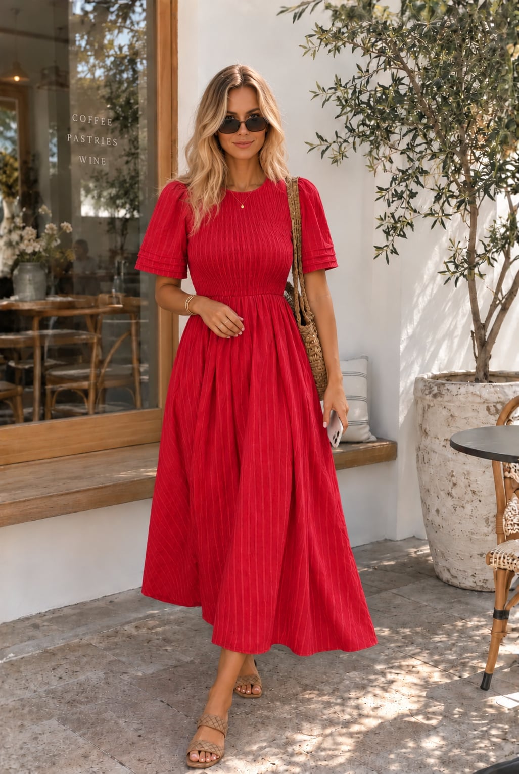 Bright Red Linen-Blend Midi Dress with Smocked Bodice — Trendy Red Dresses Outfits