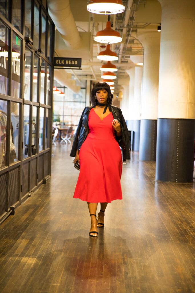 Red Midi Dress with Black Leather Jacket and Heeled Sandals — Trendy Red Dresses Outfits