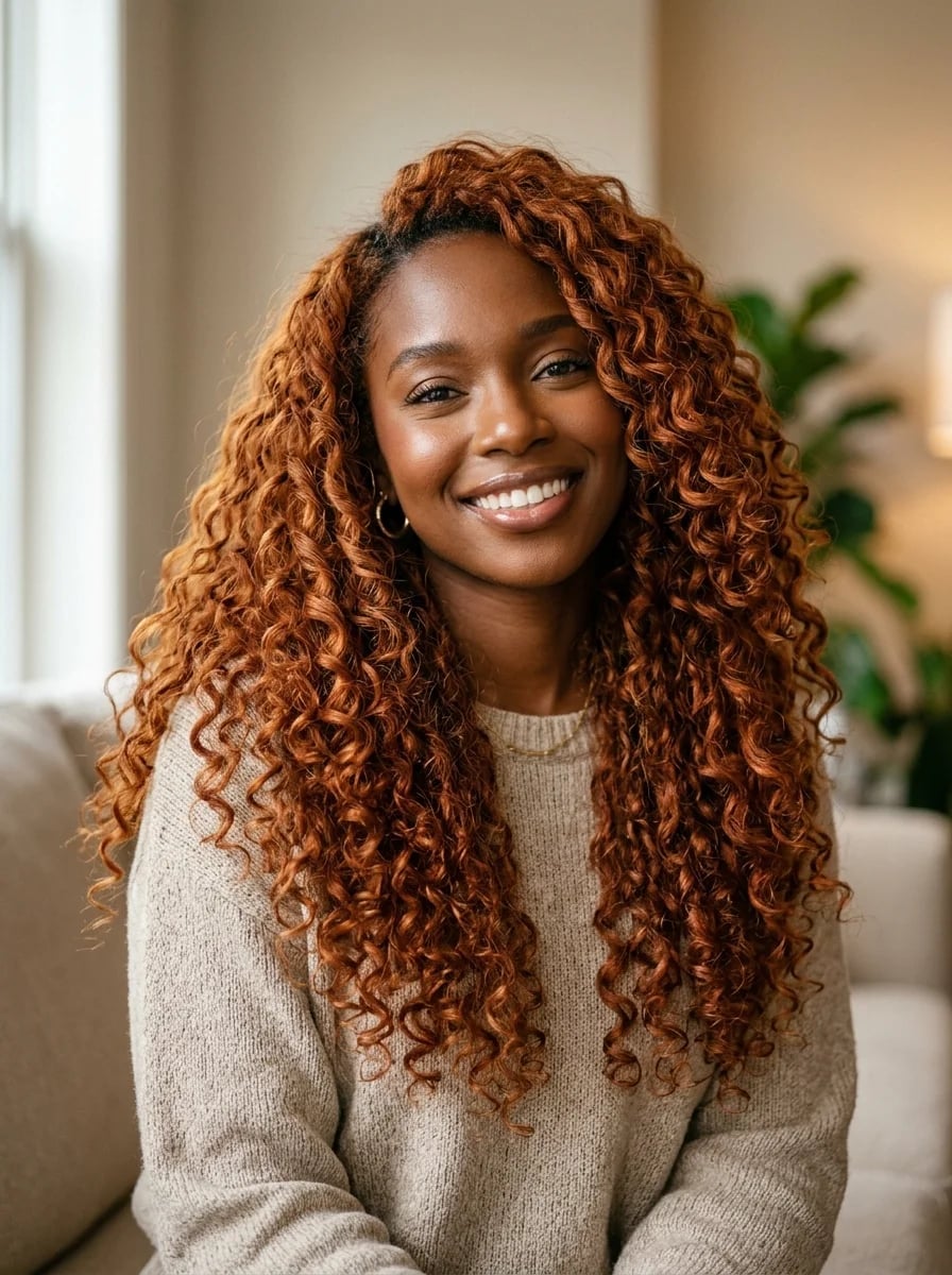 Mid-Back Natural Curls In Copper Red, Curly — Trendy Red Hair Black Women