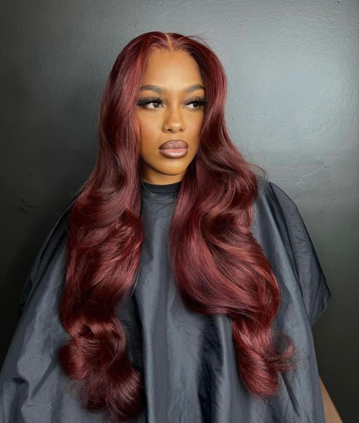 Collarbone Burgundy Red With Highlights — Trendy Red Hair Black Women