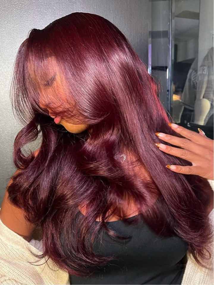 Mid-Back Deep Plum Red With Face-Framing Pieces — Trendy Red Hair Black Women