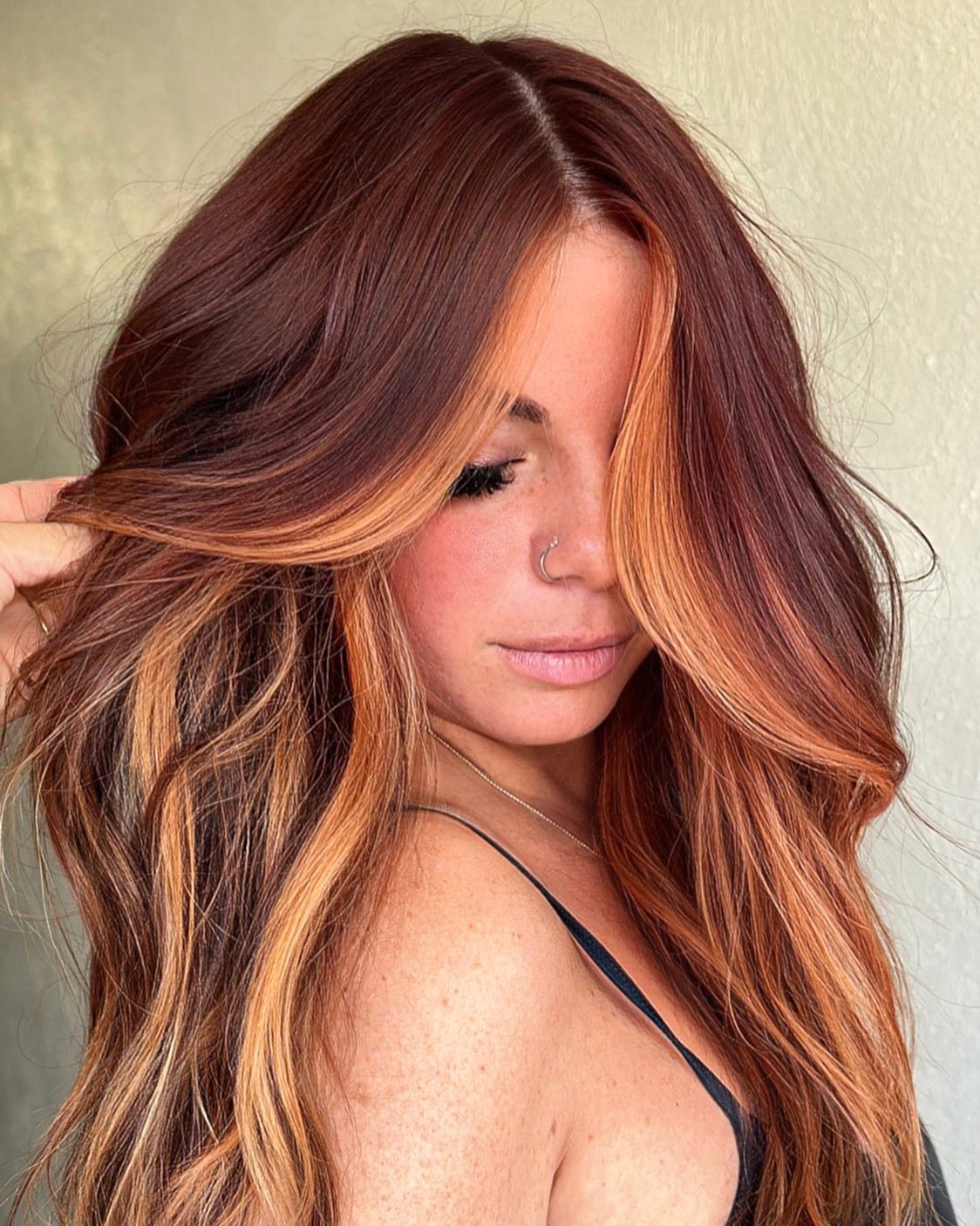 Dark Red with Copper and Blonde Highlights Dark Red with Copper and Blonde Highlights — Trendy Red Hair with Highlights