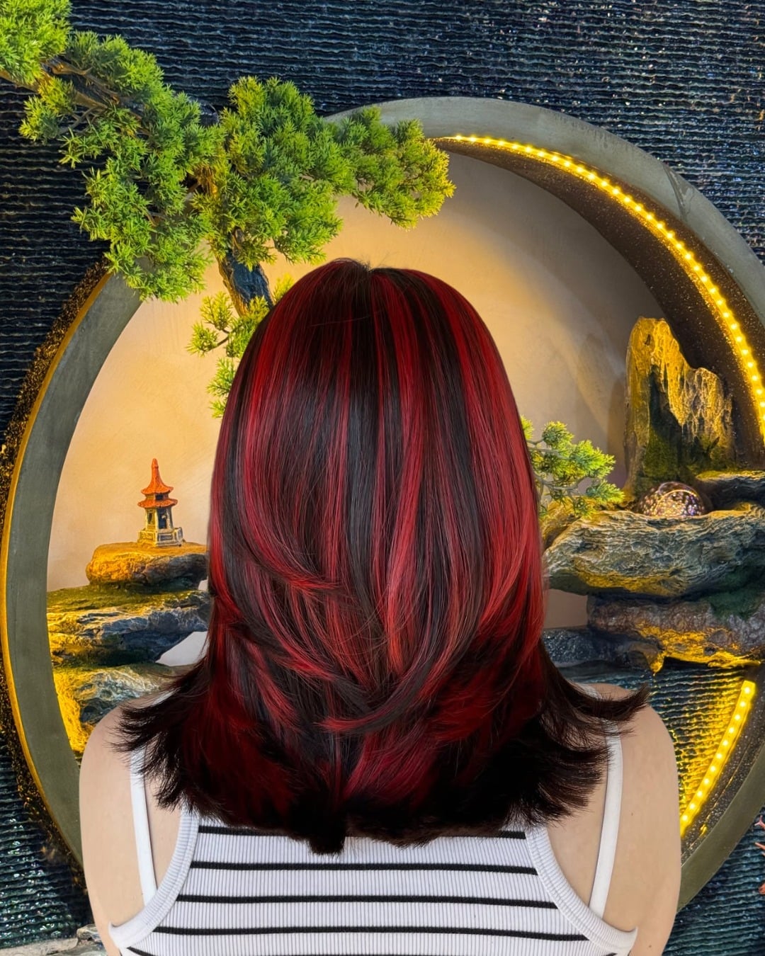 Dark Red with Bright Red Streaks Dark Red with Bright Red Streaks — Trendy Red Hair with Highlights