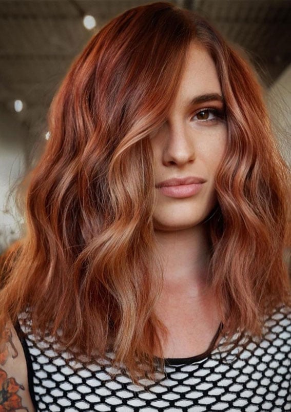 Copper Red Lob with Blonde Highlights Copper Red Lob with Blonde Highlights — Trendy Red Hair with Highlights
