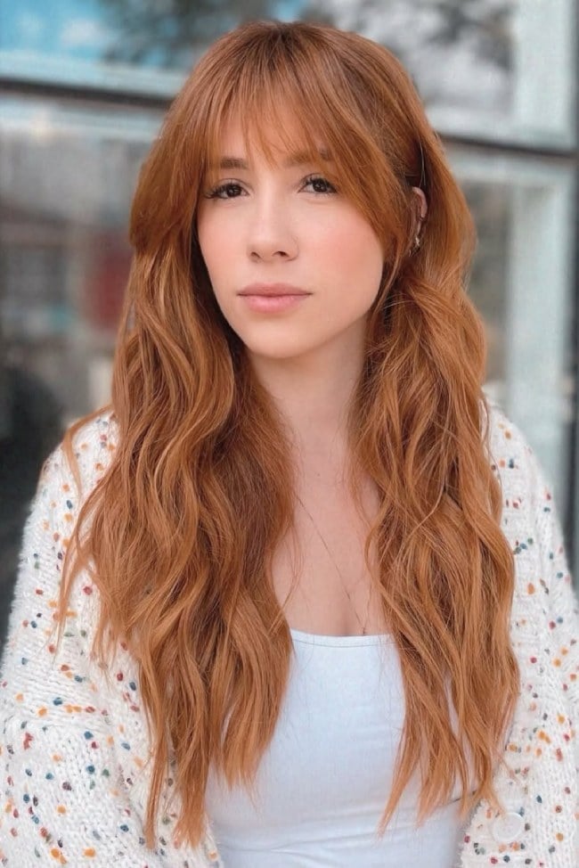 Long Wavy Copper Ginger With Wispy Bangs Long Wavy Copper Ginger With Wispy Bangs — Trendy Red Hairstyles
