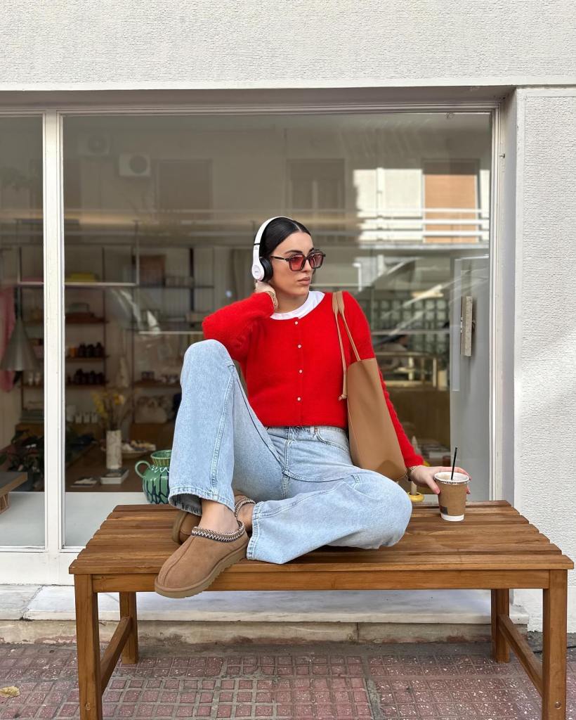 Red Button-Up Cardigan with Wide Leg Jeans Red Button-Up Cardigan with Wide Leg Jeans — Trendy Red Top Outfits