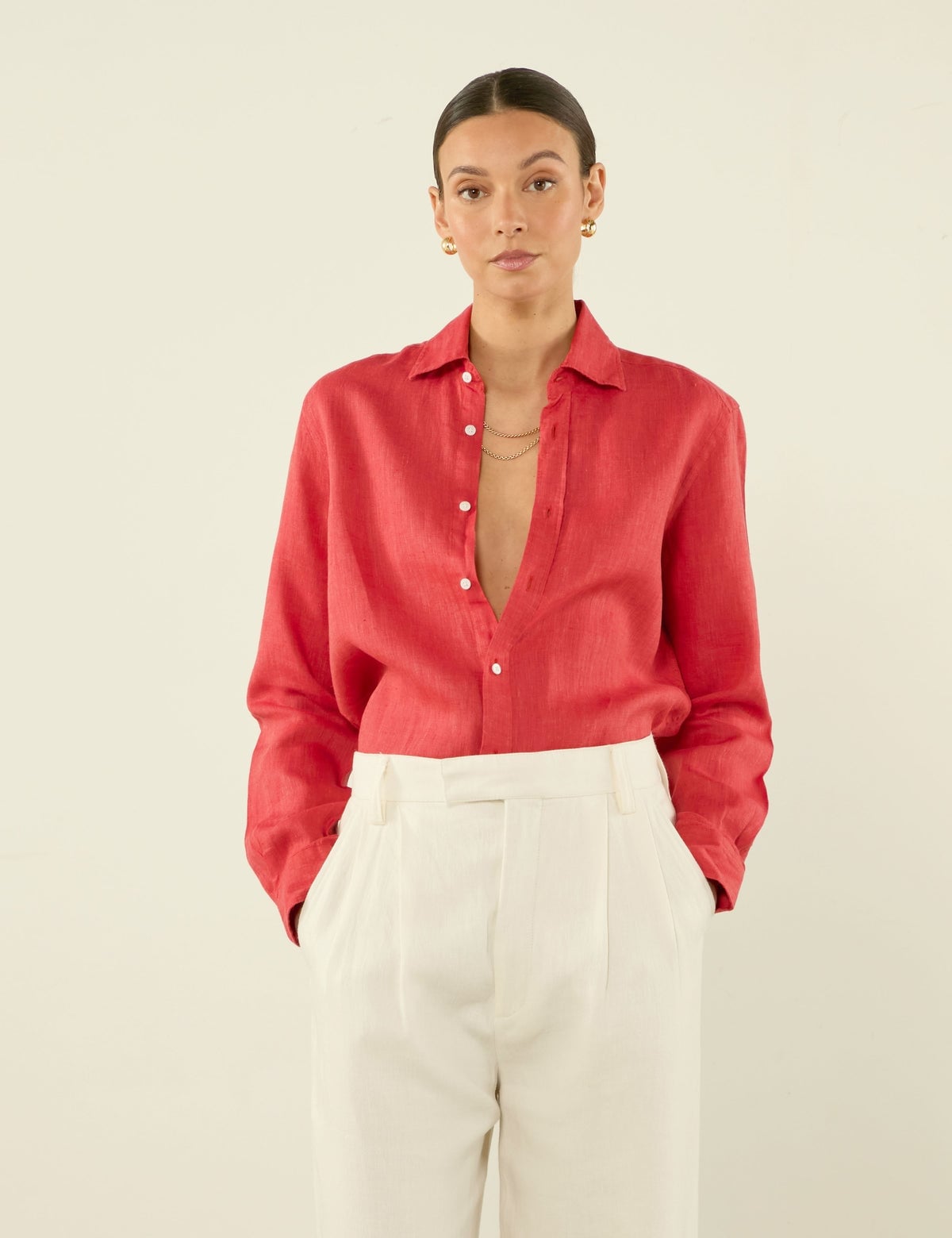 Red Linen Shirt with White Trousers Red Linen Shirt with White Trousers — Trendy Red Top Outfits