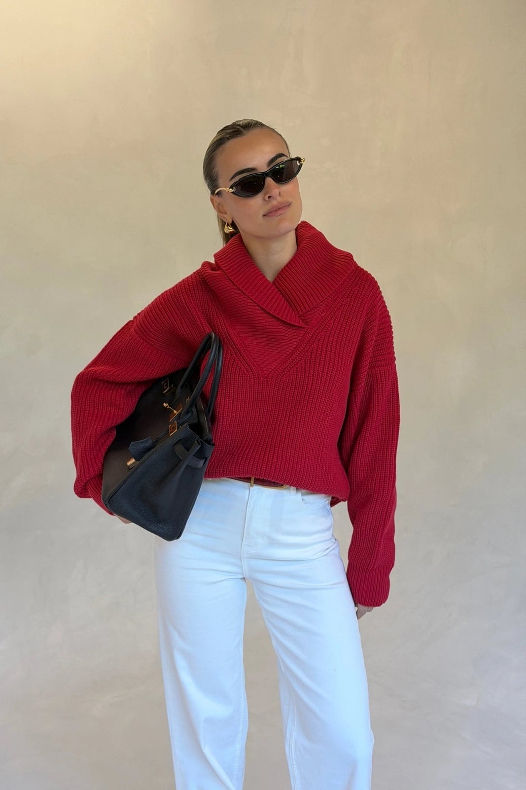 Red Oversized Knit Sweater with Drape Neck Red Oversized Knit Sweater with Drape Neck — Trendy Red Top Outfits
