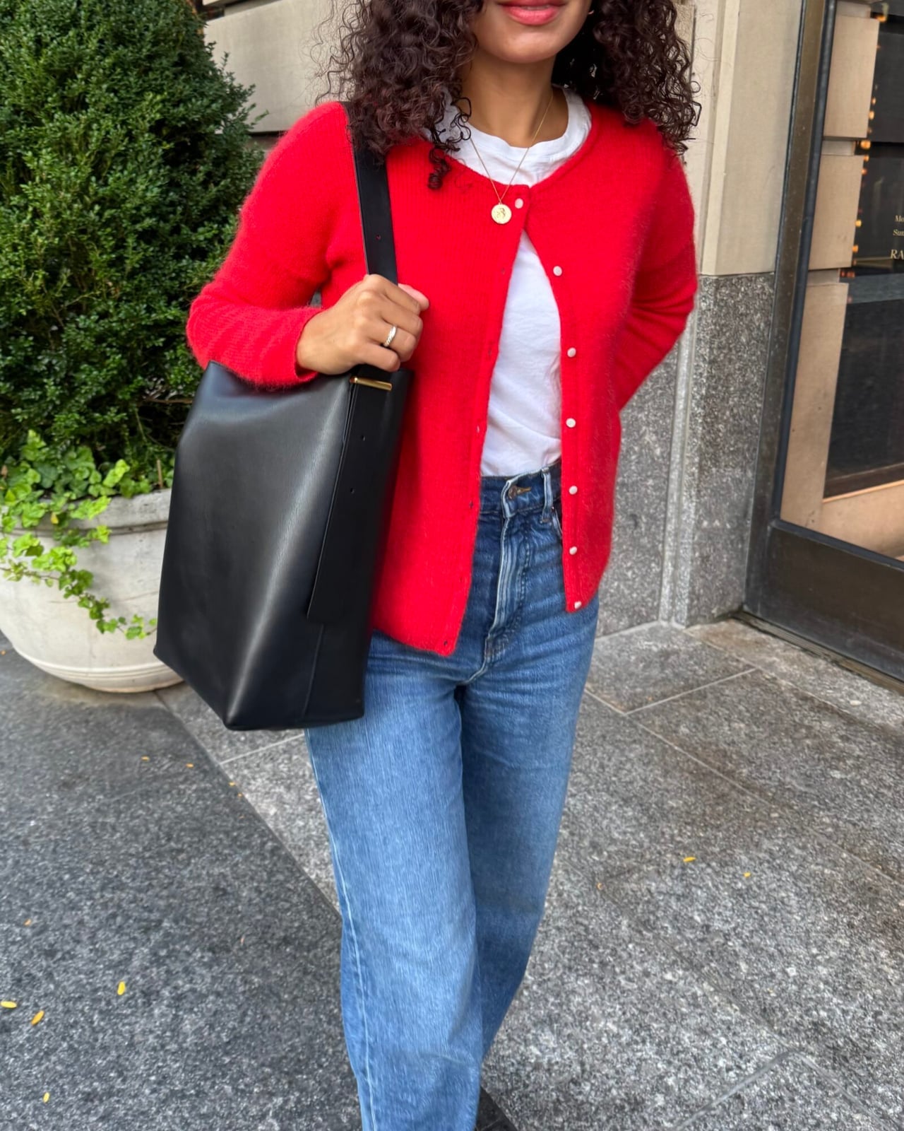 Red Fluffy Cardigan Over White T-Shirt Red Fluffy Cardigan Over White T-Shirt — Trendy Red Top Outfits