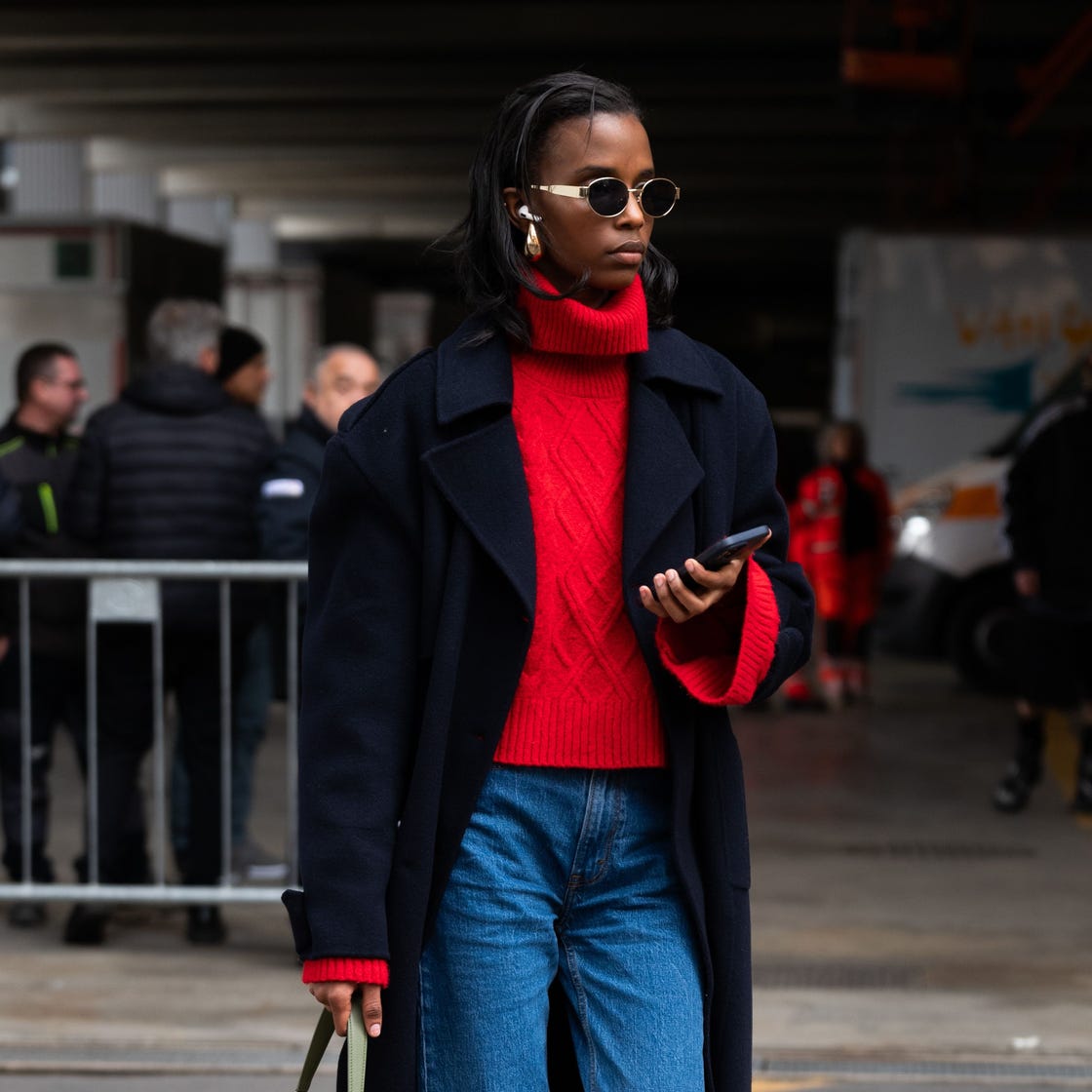 Red Turtleneck Sweater Under Oversized Coat Red Turtleneck Sweater Under Oversized Coat — Trendy Red Top Outfits