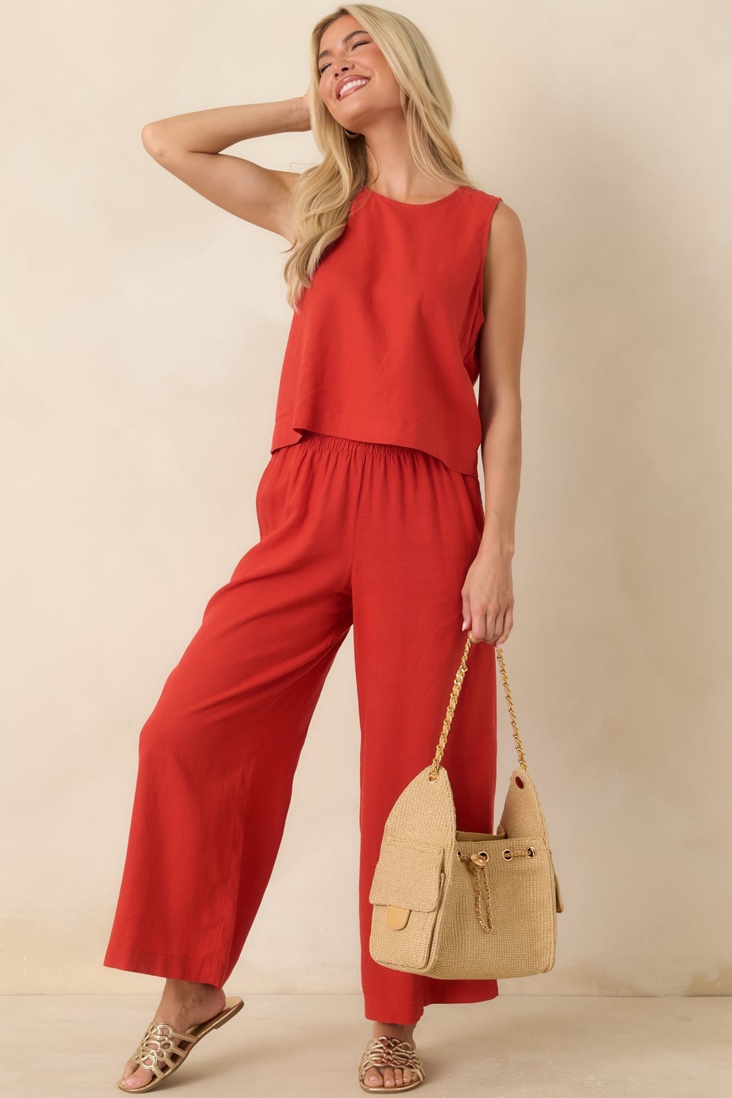Red Sleeveless Top with Wide Leg Pants Red Sleeveless Top with Wide Leg Pants — Trendy Red Top Outfits