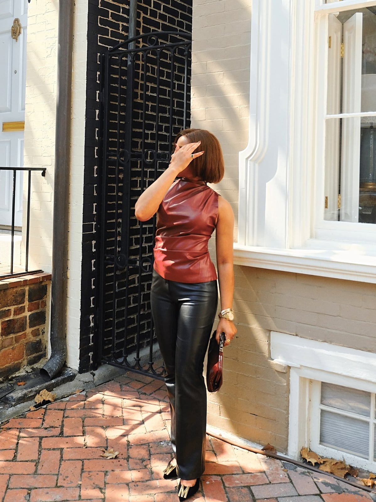 Burgundy Leather High Neck Top with Wide Leg, Office-Safe Version Burgundy Leather High Neck Top with Wide Leg, Office-Safe Version — Trendy Red Top Outfits