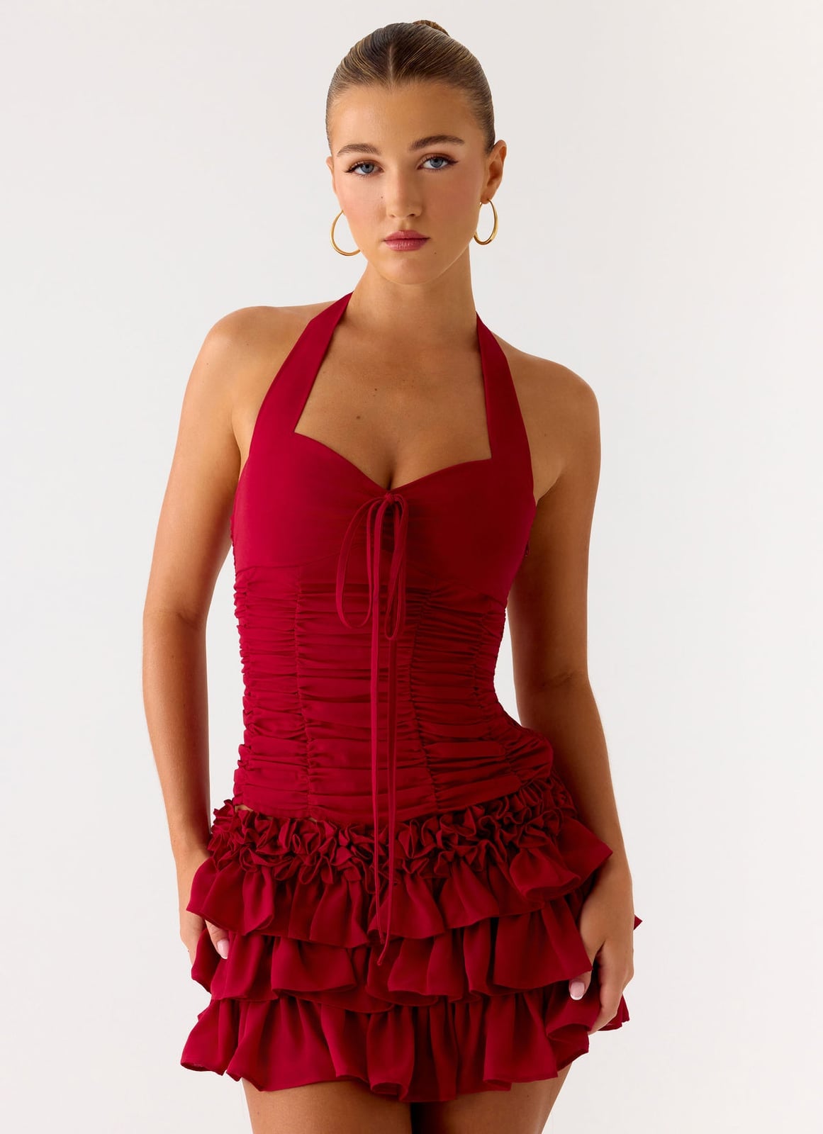 Dark Red Halter Top with Ruched Bust and Gold Hoop Earrings Dark Red Halter Top with Ruched Bust and Gold Hoop Earrings — Trendy Red Top Outfits