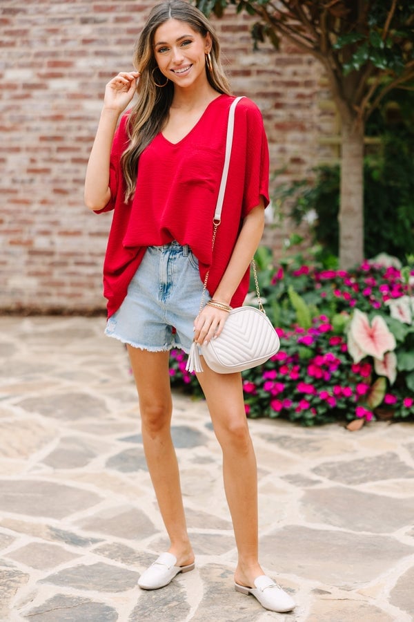 Red Textured V-Neck Top with Denim Shorts Red Textured V-Neck Top with Denim Shorts — Trendy Red Top Outfits
