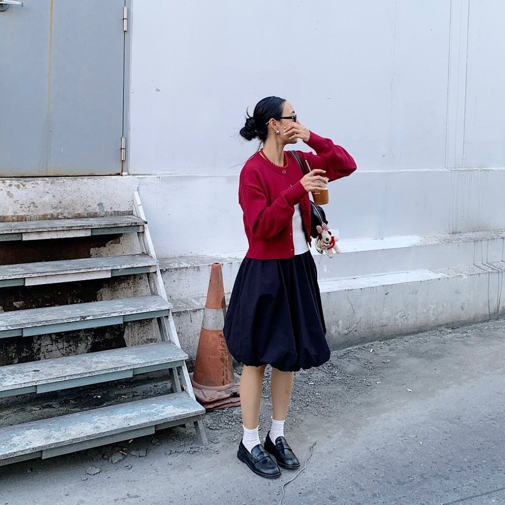 Red Cropped Cardigan with Bubble Skirt Red Cropped Cardigan with Bubble Skirt — Trendy Red Top Outfits