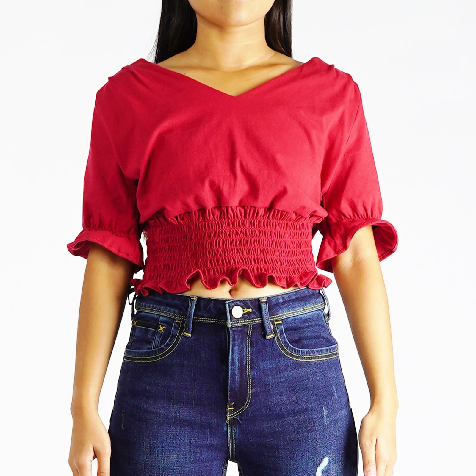 Red Tie-Up Top with Smocked Waist Red Tie-Up Top with Smocked Waist — Trendy Red Top Outfits
