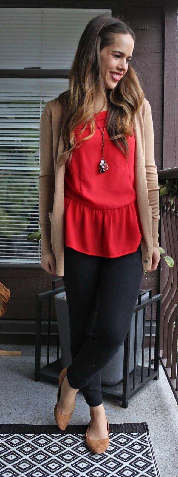 Red Peplum Top with Beige Cardigan Red Peplum Top with Beige Cardigan — Trendy Red Top Outfits