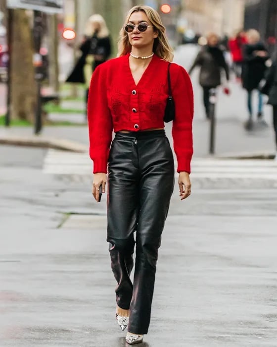 Red Cropped Cardigan with Leather Pants Red Cropped Cardigan with Leather Pants — Trendy Red Top Outfits